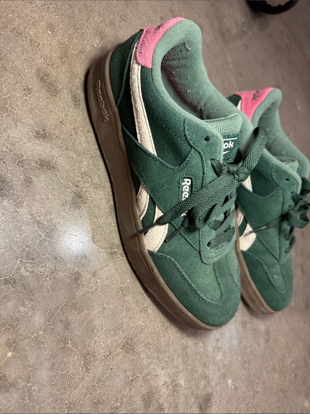 Reebok women’s Green Suede Sneakers with Pink Heel and Cream Stripe